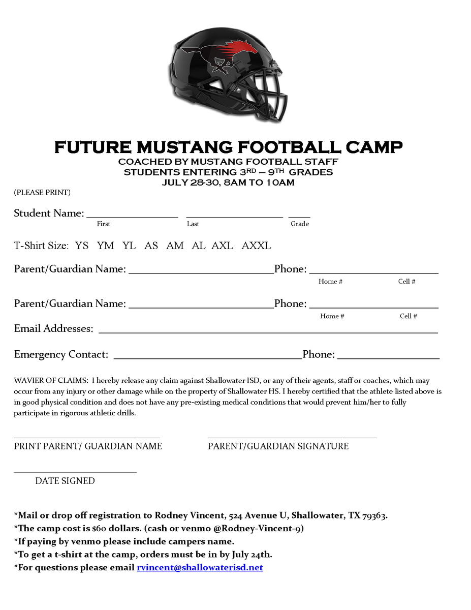 ShallySportsNet's tweet image. 🏈 Don't forget to get signed up for Future Mustang Football Camp‼️
📆July 28-30
⏰8am - 10am
🔴Students entering 3rd - 9th grades
⚫$60 (cash or venmo)
Order must be in by July 24th to get a t-shirt!
Register here: loom.ly/C37P6GY
#ShallowaterISD