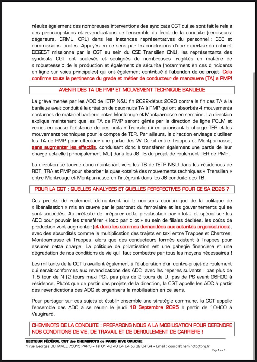 Service annuel 2026 sur les lignes N&amp;U et TER Paris - Chartres - Le Mans : avis à l’ensemble des mécaniciens! Préparons nous à nous défendre !