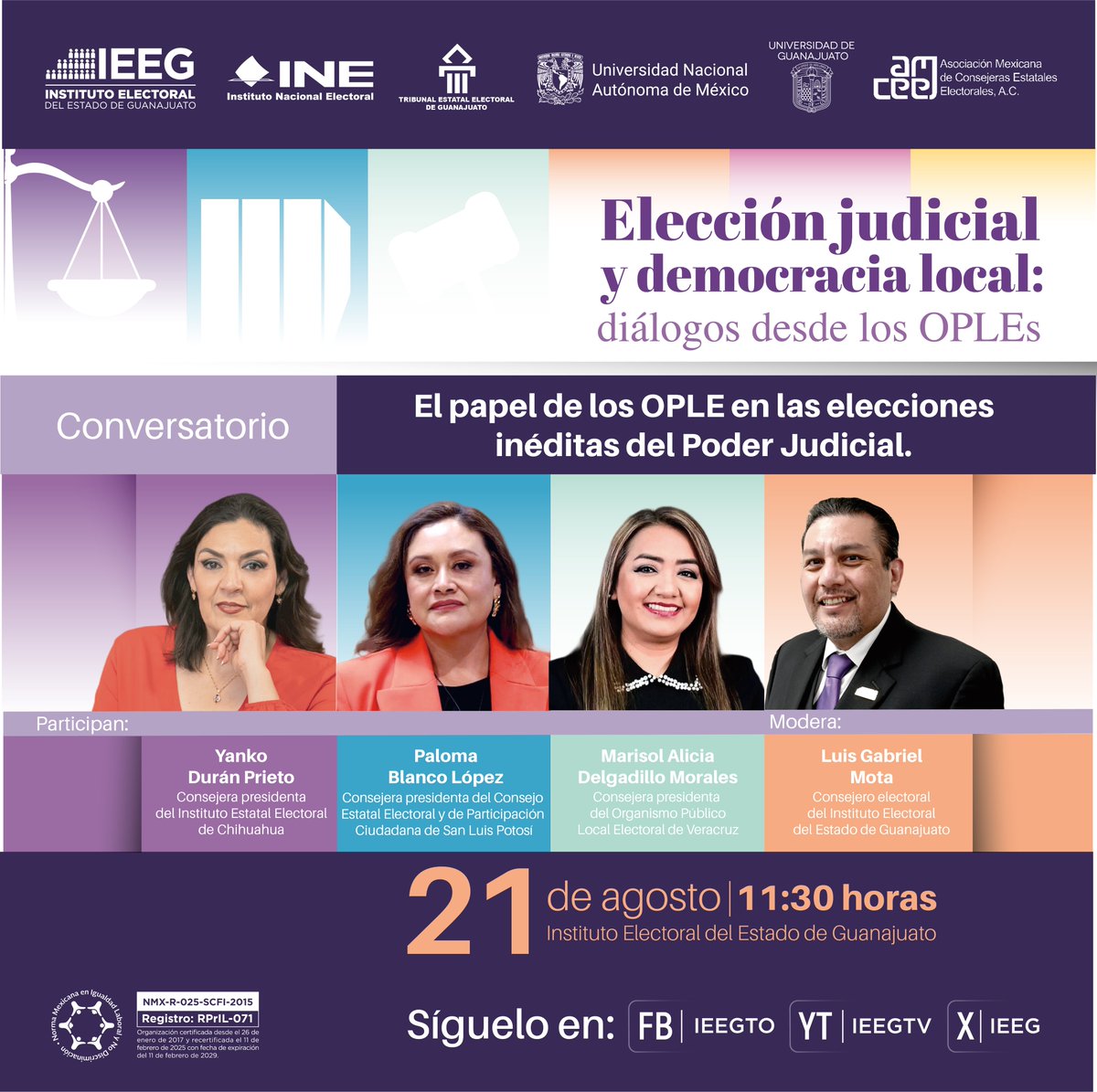🟣 | No te pierdas el Conversatorio: el papel de los OPLE en las elecciones inéditas del poder judicial. 

Síguelo #EnVivo por nuestras plataformas digitales.

21 de agosto. 🗓

11:30 horas. ⏰

#LaDemocraciaSeViveTodosLosDías