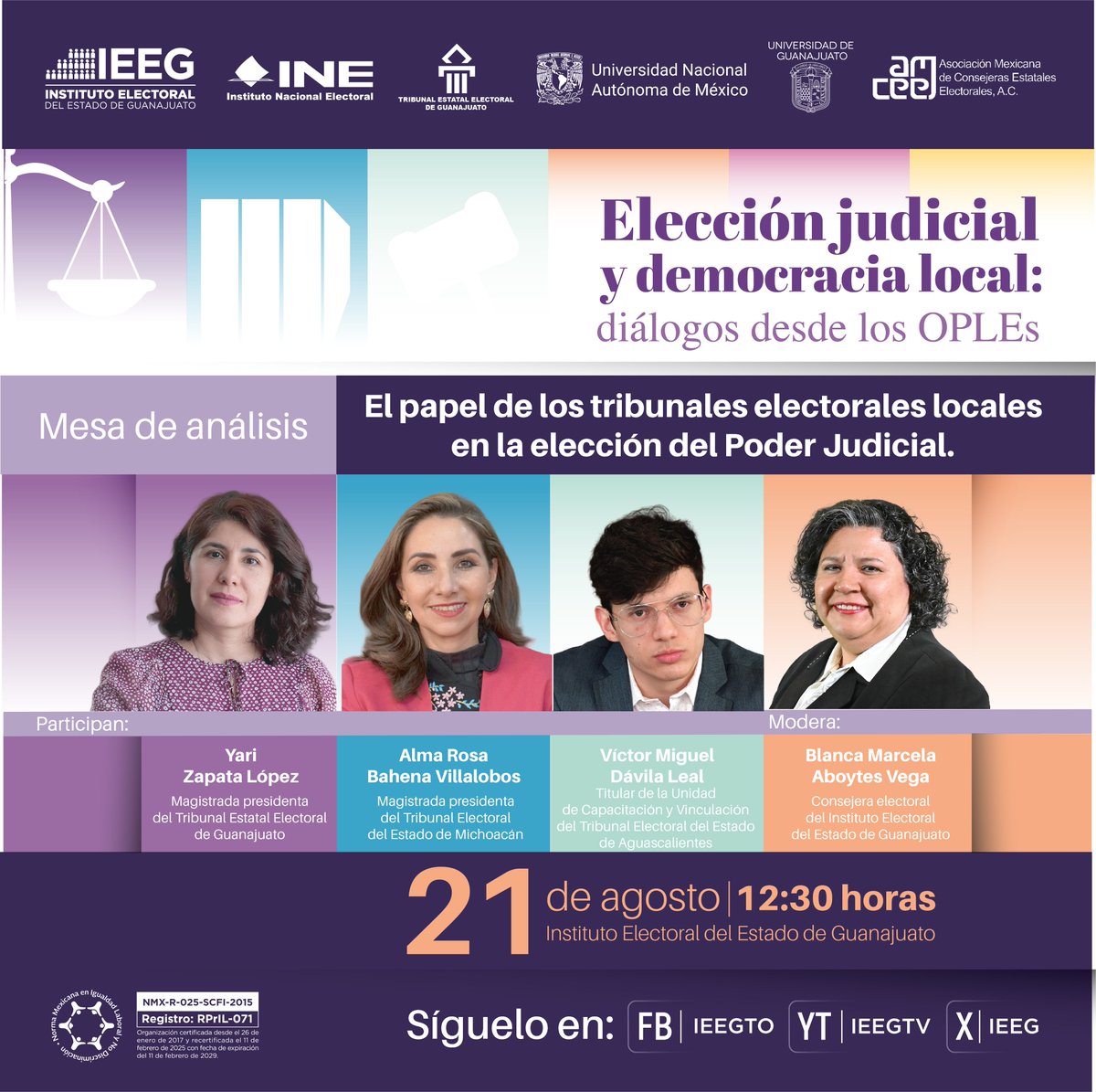 🟣 | Te invitamos a seguir la Mesa de análisis: El papel de los tribunales electorales locales en la elección del Poder Judicial. 

La cita es el 21 de agosto a las 13:30 horas por nuestras redes sociales. 📲💻

#LaDemocraciaSeViveTodosLosDías