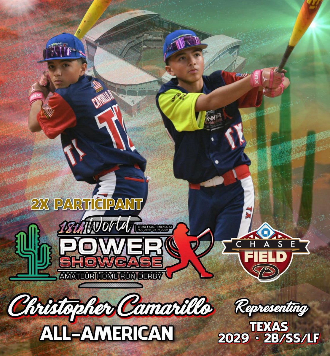 PowerShowcase's tweet image. The 18th Annual World POWER SHOWCASE is pleased to announce that Student-Athlete and top hitting prospect - ‘29, 2B/SS/LF - Christopher Camarillo (Southwest Legacy H.S., Von Ormy, TX), will proudly represent Texas during the renowned 14U Home Run Derby and prestigious Babe Ruth…