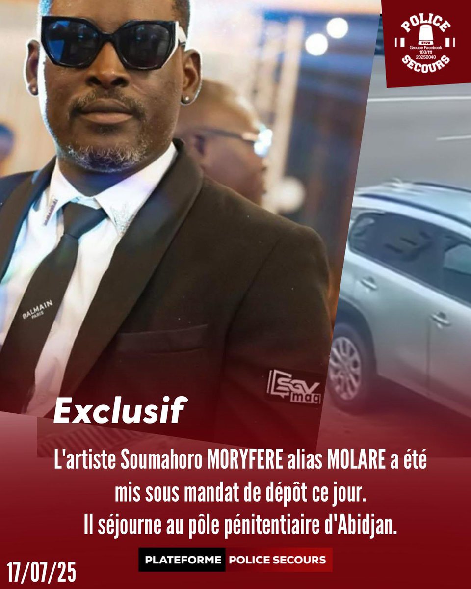 🔴 AVP mortel : L'artiste Soumahoro MORYFERE alias MOLARE a été placé sous mandat de dépôt ce jour, suite à l’accident mortel ayant fait une victime. 
Il séjourne au pôle pénitentiaire d'Abidjan pour la suite de la procédure.