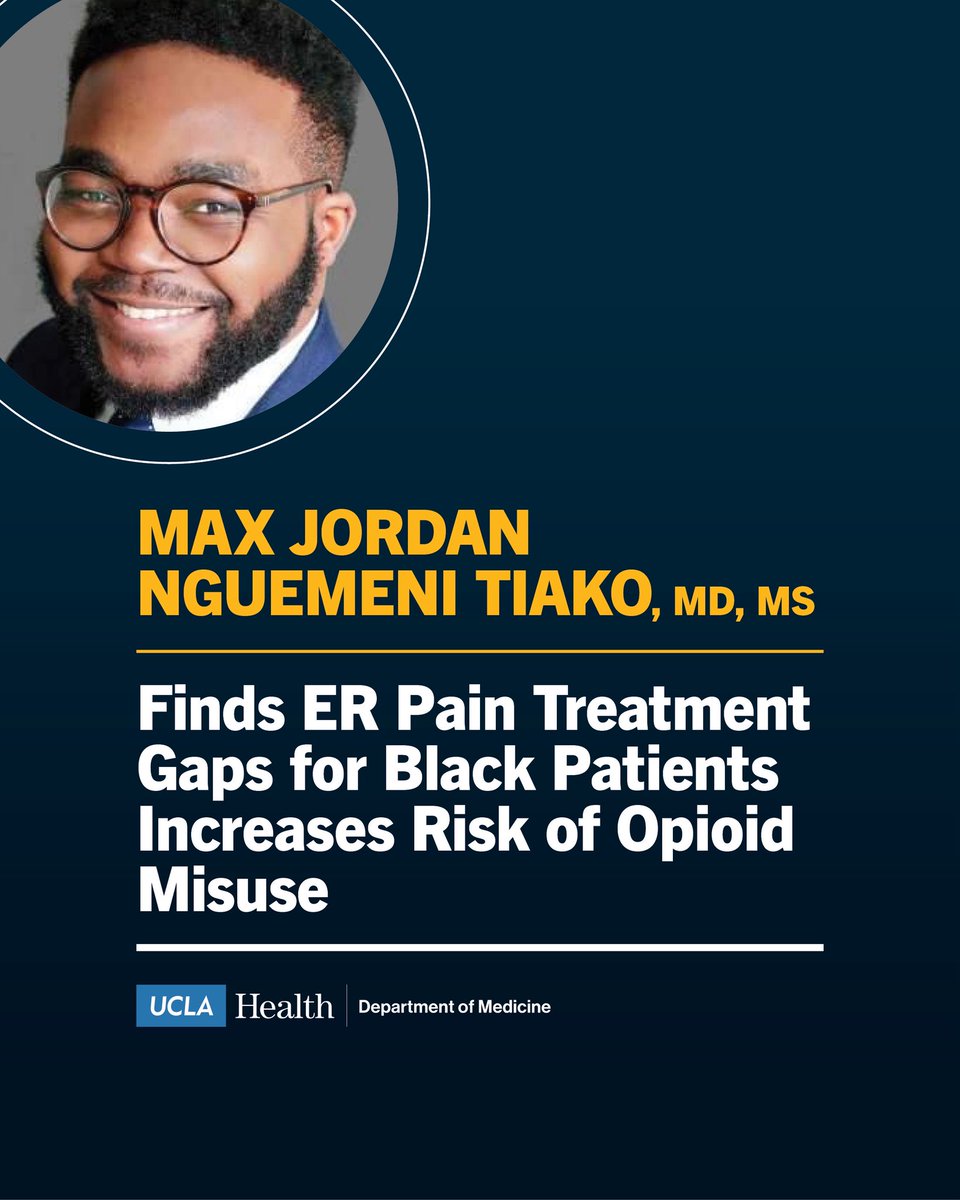 DOM_UCLA's tweet image. We’re highlighting Dr. Max Nguemeni Tiako's new study which explores how ER pain treatment gaps for Black patients increases risk of opioid misuse. Learn how shared decision-making between patients and clinicians can reduce that risk: uclahs.fyi/4lSDCG4