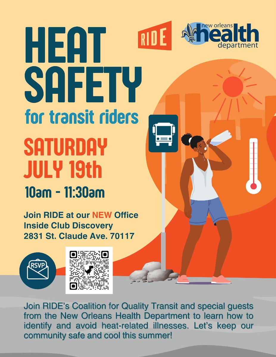 GNOFoundation's tweet image. New Orleans summers are no joke — and for transit riders without shelter from the sun, the heat can be dangerous. This Saturday, @RIDENewOrleans is hosting a special Coalition for Quality Transit meeting focused on heat safety for riders, featuring the @nolahealthdept. At the…