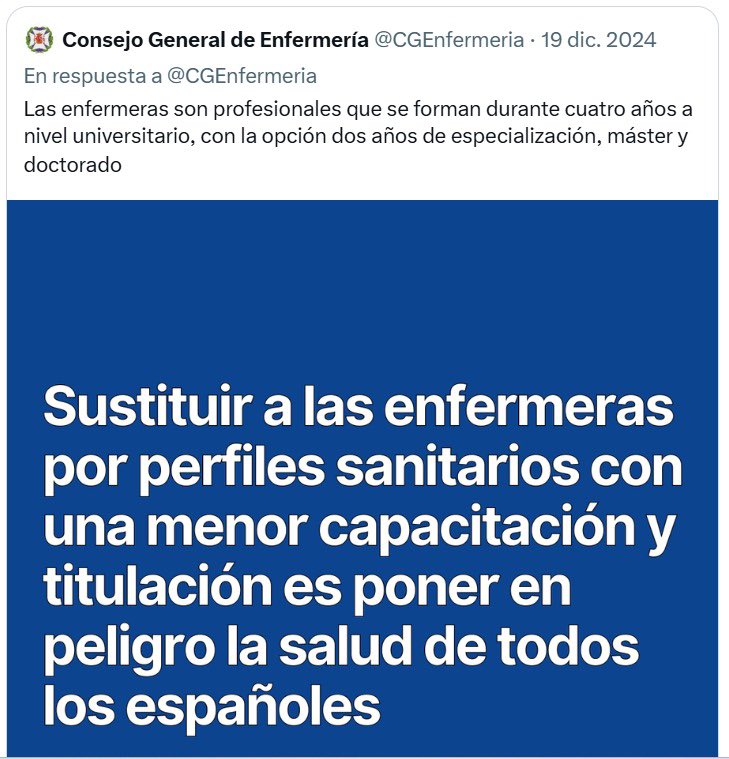 Víctor Pedrera Carbonell (@victorpedrera) on Twitter photo Totalmente de acuerdo, como no podría ser de otra forma
Sustituir a médicos por perfiles sanitarios con una menor capacitación y titulación es poner en peligro la salud de todos los españoles
<a href="/DrMiguelLazaro/">Miguel Lázaro</a> <a href="/mariajocesm/">María José G Mateos</a> <a href="/NoAnteProyecto/">No Al AnteProyecto del Estatuto Marco</a> <a href="/SIMEIMadrid/">SIMEIM-CESM Madrid #NoAlEstatutoMarco</a> <a href="/SIMECATCESM/">SIMECAT CESM</a> <a href="/CESMCanarias/">CESM Canarias</a> Totalmente de acuerdo, como no podría ser de otra forma
Sustituir a médicos por perfiles sanitarios con una menor capacitación y titulación es poner en peligro la salud de todos los españoles
<a href="/DrMiguelLazaro/">Miguel Lázaro</a> <a href="/mariajocesm/">María José G Mateos</a> <a href="/NoAnteProyecto/">No Al AnteProyecto del Estatuto Marco</a> <a href="/SIMEIMadrid/">SIMEIM-CESM Madrid #NoAlEstatutoMarco</a> <a href="/SIMECATCESM/">SIMECAT CESM</a> <a href="/CESMCanarias/">CESM Canarias</a>