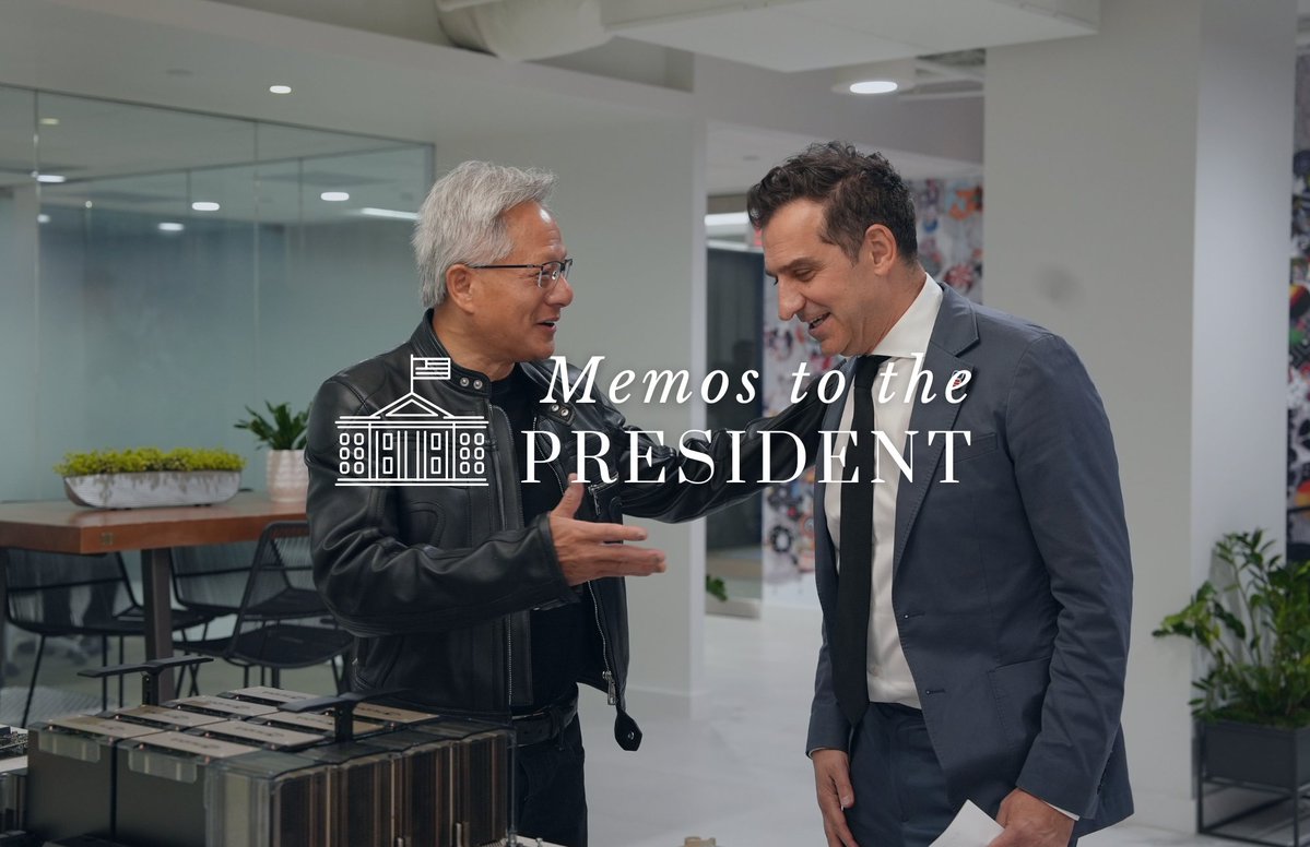 scsp_ai's tweet image. Have you listened to the latest #MemosToThePresident? It features an unmissable conversation with @nvidia CEO Jensen Huang that's already garnering attention, including mentions in The @nytimes!
@Ylli_Bajraktari sat down with Jensen to explore the most critical issues at the…