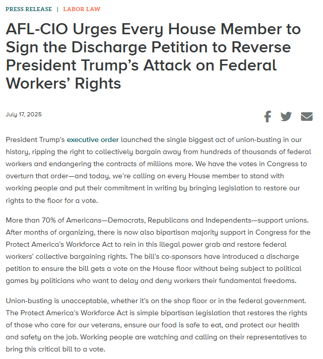 LizShuler's tweet image. Union-busting is unacceptable. @RepGolden’s Protect America’s Workforce Act has the bipartisan votes to restore federal workers’ bargaining rights. We’re calling on House members to sign discharge petition #6 and bring this bill to the floor for a vote. aflcio.org/press/releases…