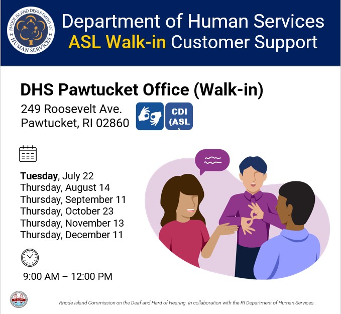 RIHumanServices's tweet image. News release: RI DHS and Commission on Deaf and Hard of Hearing to Offer Walk-In Appointments with American Sign Language Services. Read more here: dhs.ri.gov/press-releases…