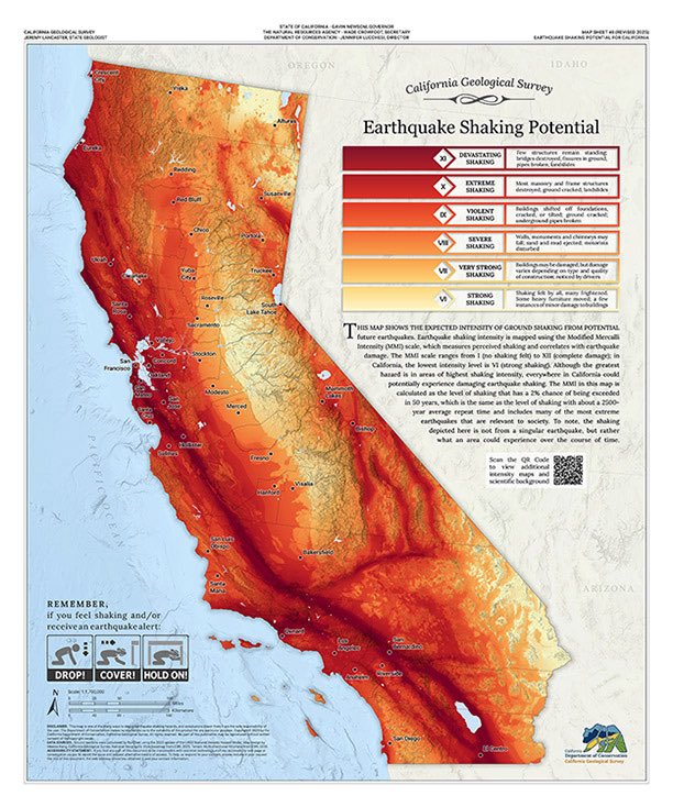 Updated! California Earthquake Shaking Potential Map 
 
This updated map shows how hard the ground could potentially shake from earthquakes in California.

Factors such as proximity to faults and local geologic conditions influence shaking intensity.