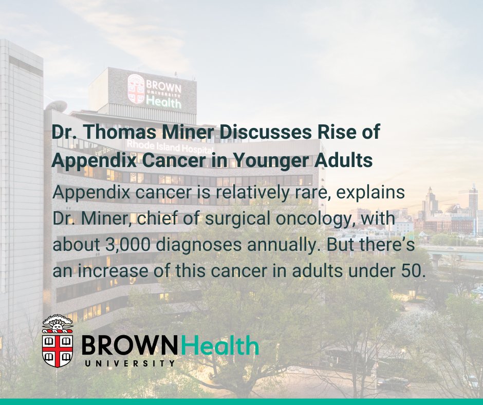 BrownUnivHealth's tweet image. The appendix can become a serious health concern when cancerous. Dr. Thomas Miner, chief of surgical oncology at Brown University Health, explained that appendix cancer is rare and increasingly affects individuals under 50. turnto10.com/features/healt…