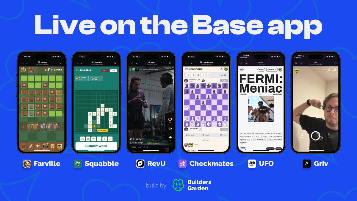 builders_garden's tweet image. huge day for @base + @farcaster_xyz

the new @baseapp just dropped with miniapp support 

here 6 cooked by us

🧑‍🌾farville - farming sim 
🔠squabble - scrabble w/ bets
🎬revu - watch, review, earn
♟️checkmates - multiplayer chess
📻ufo - internet radio
💪griv - social fitness