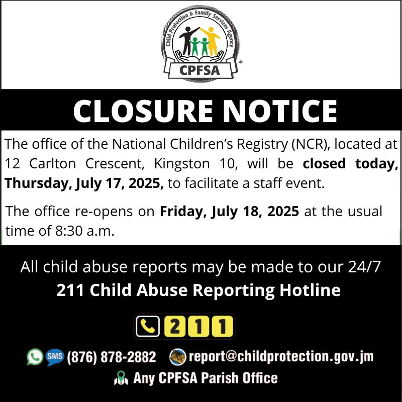 cpfsajm's tweet image. Please be advised that the CPFSA's National Children's Registry (NCR) will be closed on Thursday, July 17, 2025.
The NCR reopens tomorrow, Friday, April 25, 2025, at 8:30 a.m.
Child abuse reports may be made to our 211 hotline.
We apologise for any inconvenience caused.