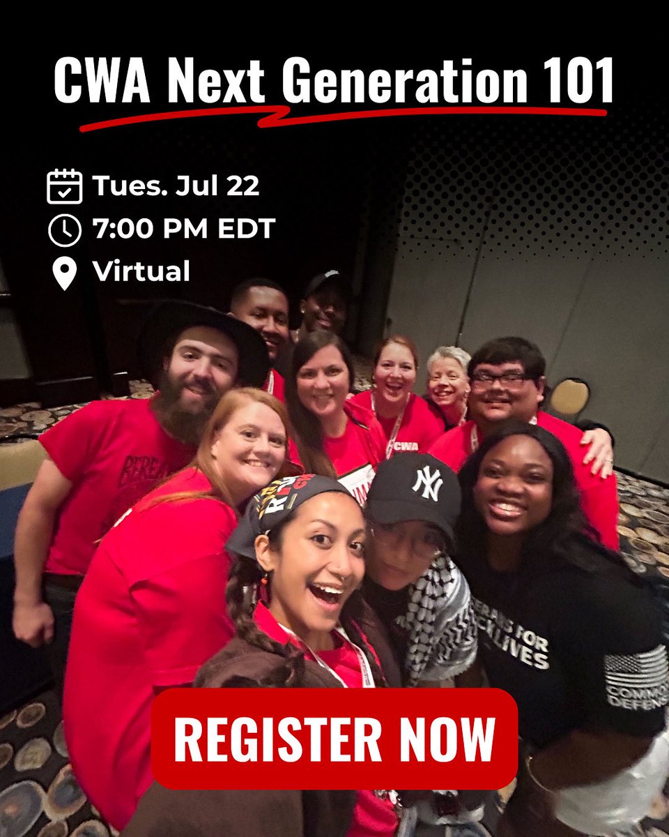 CWANextGen's tweet image. Come to CWA Next Gen 101 — a short, informal Zoom workshop led by our Next Gen Lead Activists. Learn what we stand for and how you can get involved.
REGISTER NOW: action.cwa.org/events/cwa-nex…