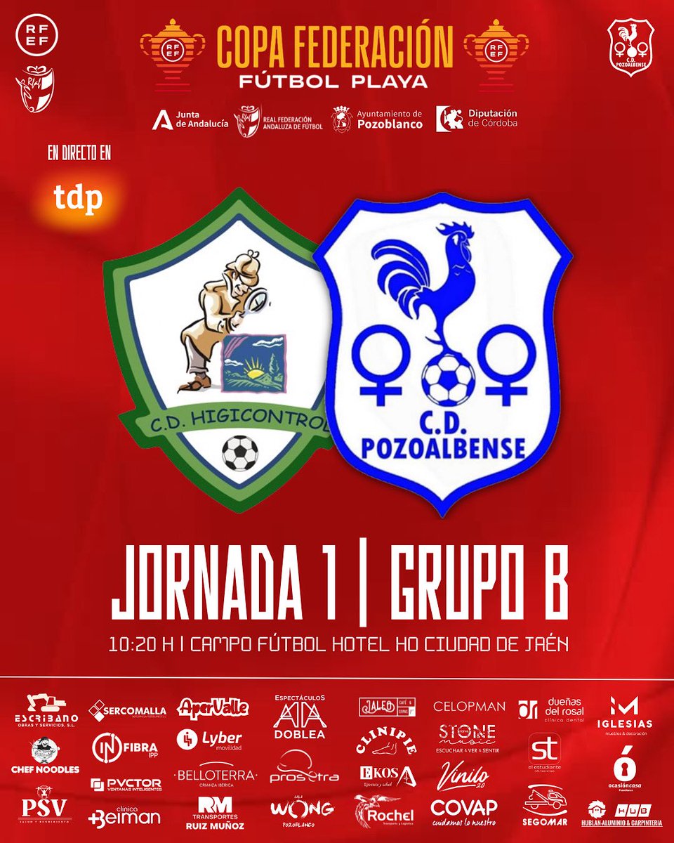 📍𝙅𝙤𝙧𝙣𝙖𝙙𝙖 𝟭 | 𝙁𝙖𝙨𝙚 𝙙𝙚 𝙜𝙧𝙪𝙥𝙤𝙨 - Copa RFEF

📆 Viernes, 18 de julio
🇪🇸 10:20 h
🆚 CD Higicontrol Melilla
📍 Campo de Fútbol Playa - Hotel HO Ciudad de Jaén
📺 En directo en <a href="/teledeporte/">Teledeporte</a> 

#futbolplaya #beachsoccerworldwide #rfaf #rfef