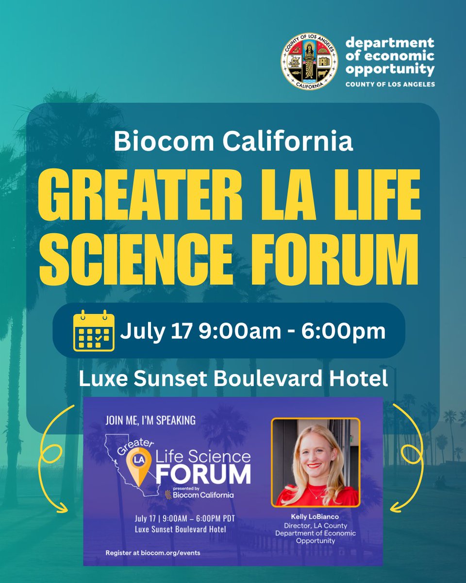 EconOppLA's tweet image. Happening NOW: Team DEO will publicly present our newly released “Life Sciences Industry Strategy and Action Plan” at the Biocom California Greater LA Life Science Forum.
Register at: Biocom.org/events. To learn more: opportunity.lacounty.gov/lifesciences/
@biocomca