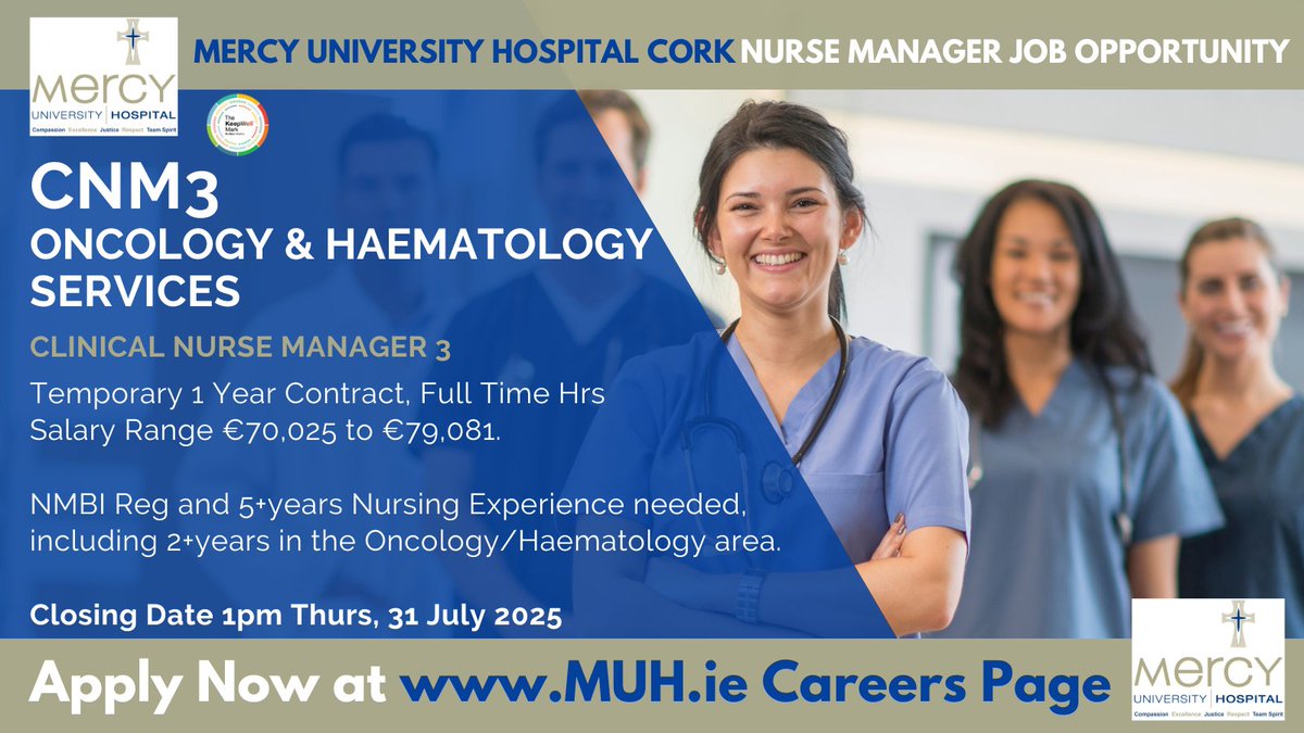 DeeORiordan8's tweet image. ☝ Are you a #CNM looking for your next move? @Mercycork are recruiting #CNM3 in #Oncology &amp;amp; #Haematology for temp, 1 year contract.

For more details and to apply, see here: api.occupop.com/shared/job/cli…

#HSEjobs #NHSjobs #OncologyNurse #NurseManager #NMBI