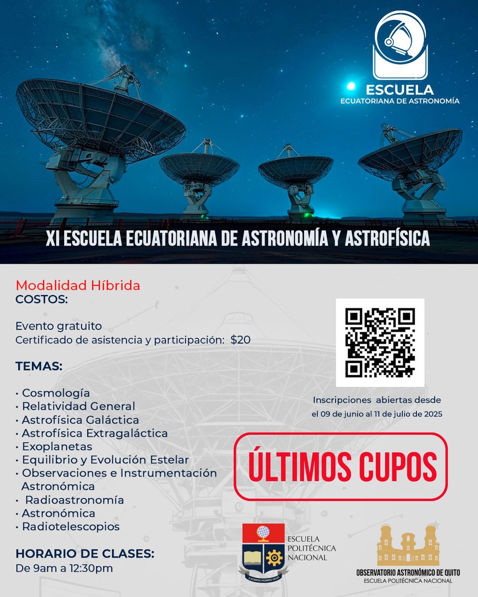 ¡ÚLTIMOS CUPOS! 🚀 ¿Apasionado por el cosmos? La XI Escuela de Astronomía y Astrofísica del Observatorio Astronómico cierra inscripciones pronto.

No te quedes fuera de esta experiencia única para explorar el universo. ¡Asegura tu lugar ahora!  oaq.epn.edu.ec/esastrofisica/