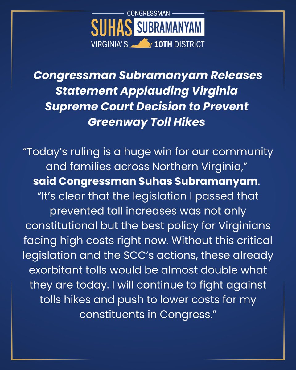 RepSuhas's tweet image. 🚨The Virginia Supreme Court just upheld my 2021 law to prevent toll increases and keep costs down for Loudoun families.🚨