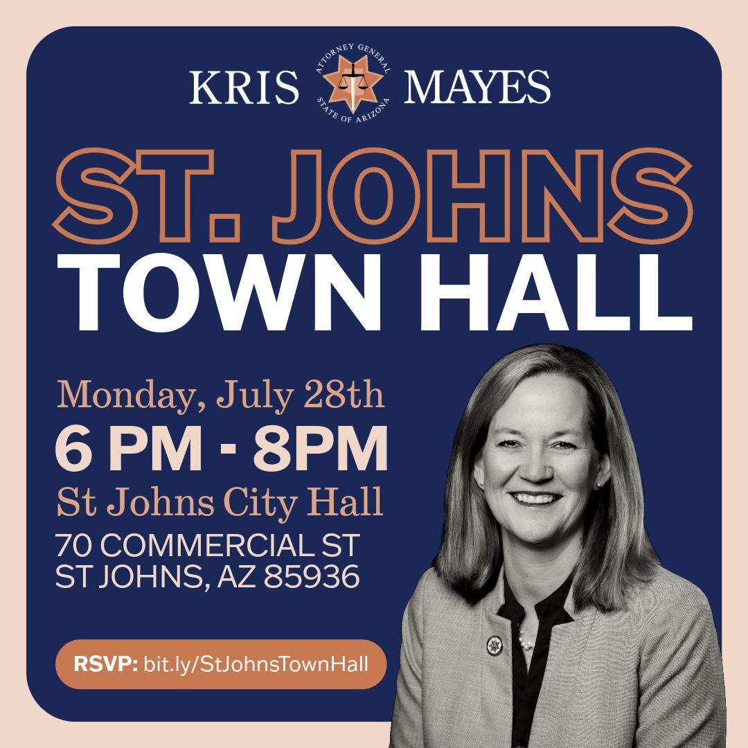 AZAGMayes's tweet image. Join me for a discussion on education funding, broadband issues, water challenges, and more. I want to hear from Arizona families that live and work in the St Johns area and share what my office is doing to protect you.
RSVP: bit.ly/StJohnsTownHall