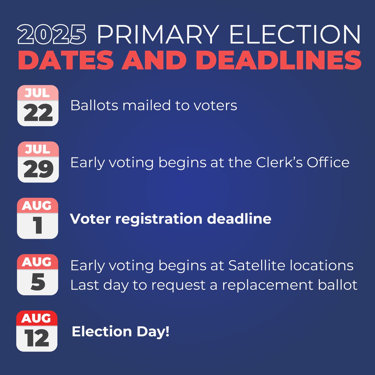 VoteSLCo's tweet image. Make sure you’re ready for the 2025 Primary Election by keeping track of these key dates and deadlines!
Visit slco.to/Election2025 for more election information.