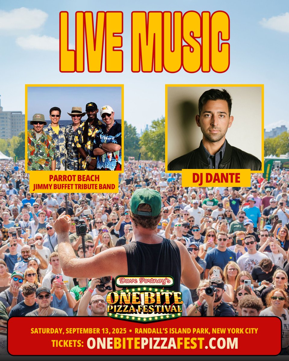 It's gonna be a party on September 13th! 🍕🔊 Parrot Beach and DJ Dante are BACK and playing the hits while you enjoy all-you-can-eat from 40+ legendary pizzerias.

Buy your tickets now before they sell out 👉  OneBitePizzaFest.com
