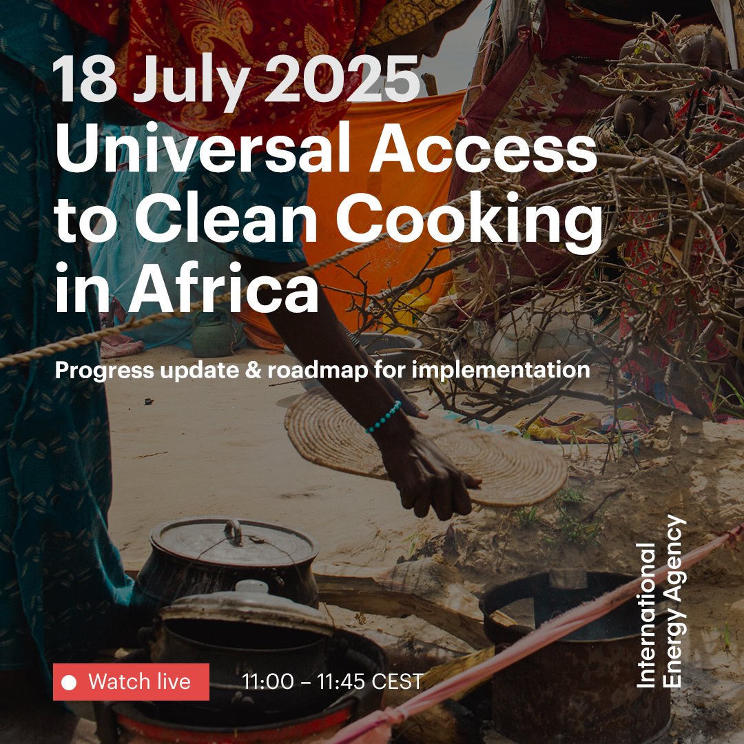 IEA's tweet image. Our new report on Universal Access to Clean Cooking in Africa came out this morning!
It provides a path to delivering access to the 1 billion people across Africa who still lack it today → iea.li/3GUewI1
Watch the LIVE launch from 11:00 CEST → iea.li/4nKafrm