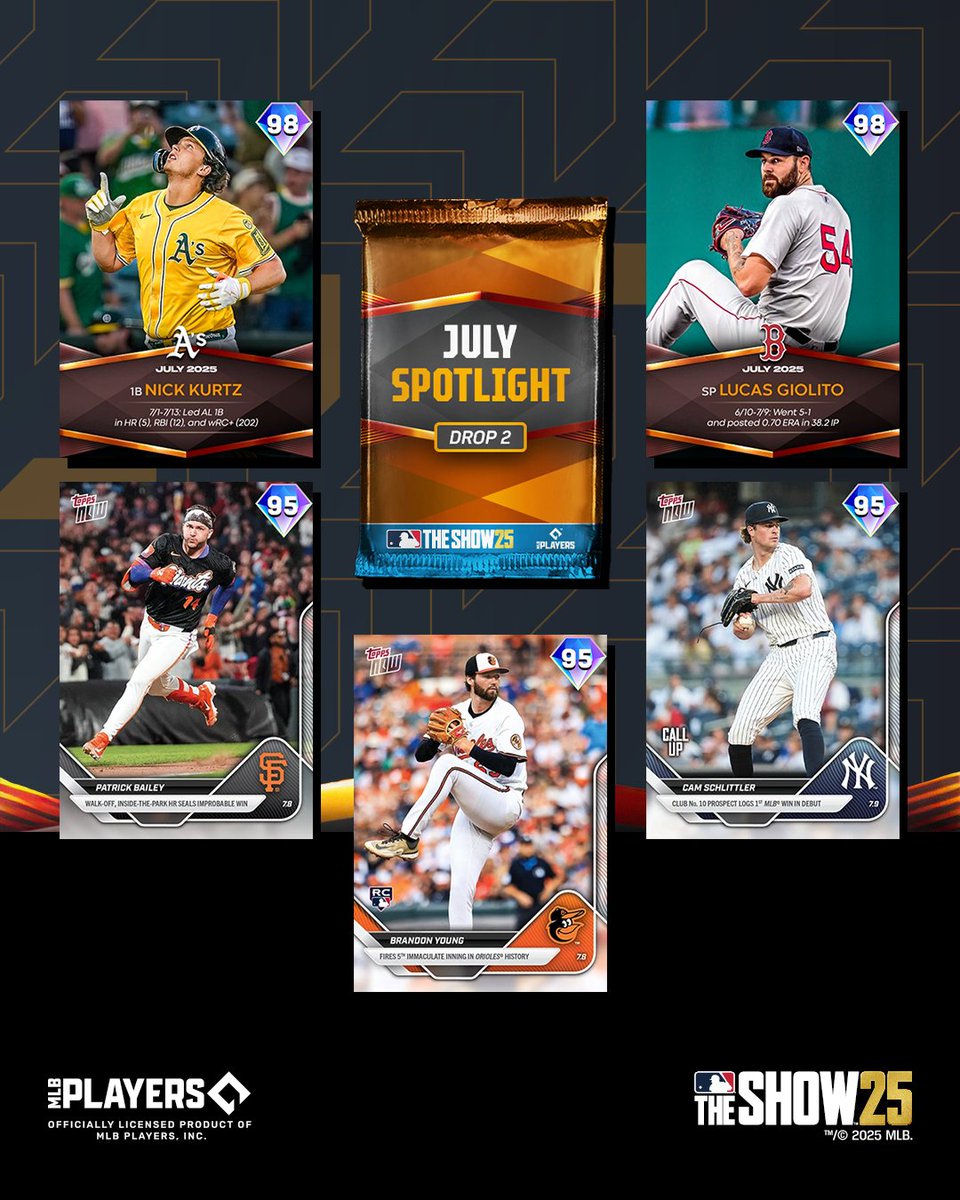 MLBTheShow's tweet image. Play the July Spotlight Drop 2 now and earn:
💎 Spotlight Series Cody Bellinger 🔦
💎 Spotlight Series Josue De Paula 🔦
💎 Topps Now Lawrence Butler
💎 Topps Now Brayan Bello
💎 July Spotlight Drop 2 Pack
#MLBTheShow