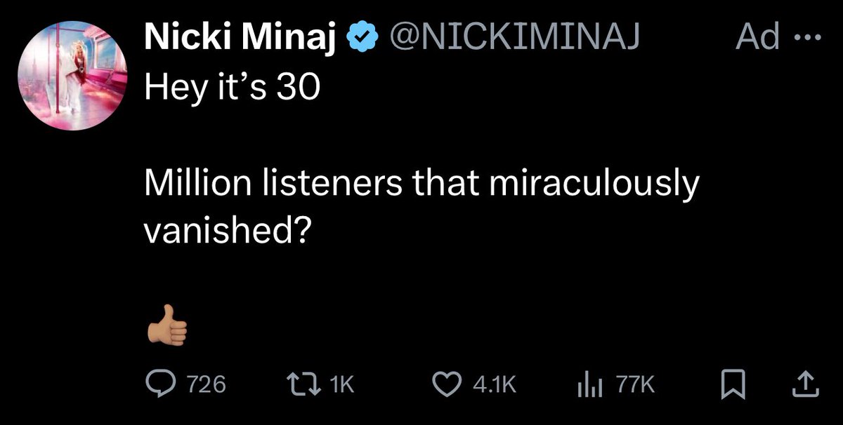 byespaced's tweet photo. @NICKIMINAJ Why is this an Ad 😭 https://t.co/xoWVHtt9Dx