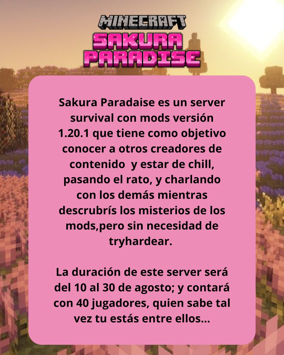 h0shi_ch4n's tweet image. Sakura Paradise esta en busca de participantes!!!🎀🤍
Junto con @SoyElIsmaMC y @Nexxur3 hemos creado Sakura Paradise, un server survival para la comunidad de creadores de contenido pequeños.
Si crees que eres un buen perfil para entrar en el proyecto solo dale like,rt y comenta