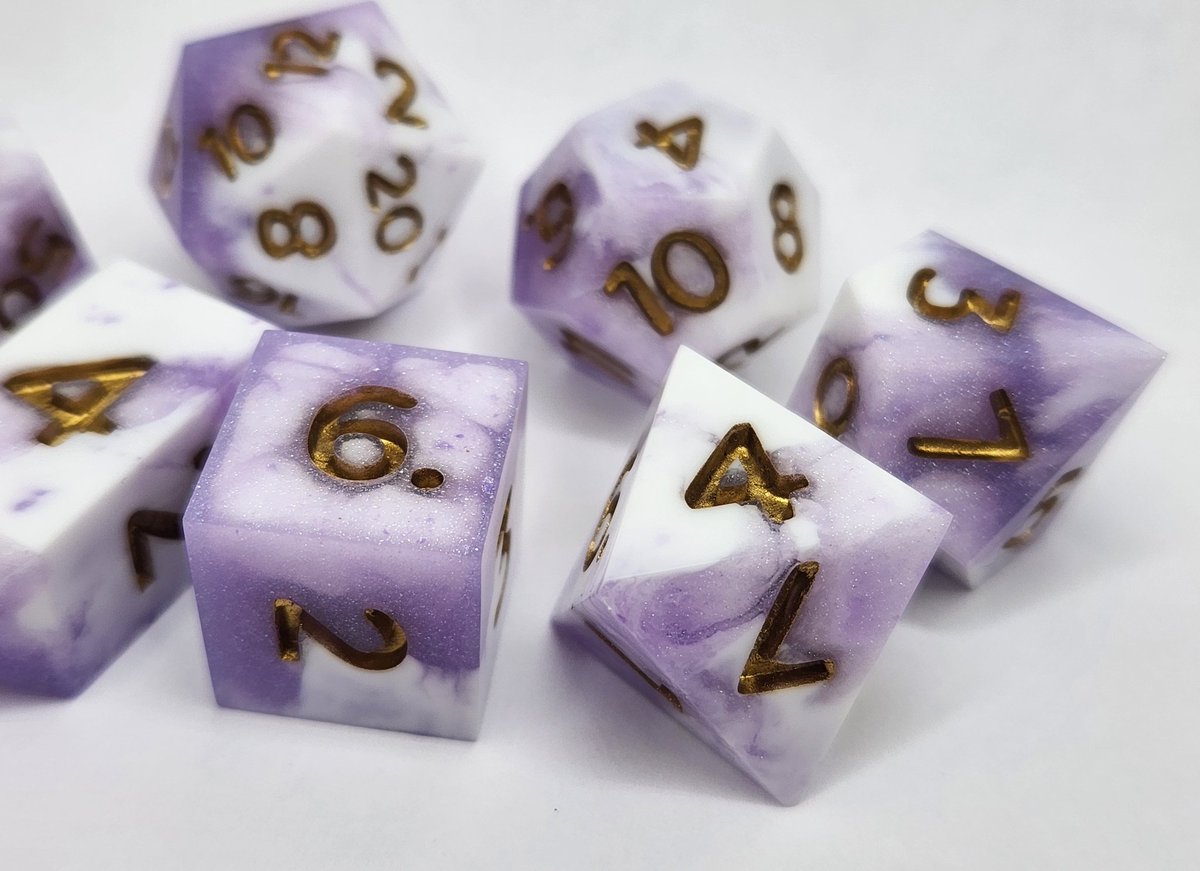 Sinnamon_Dice's tweet image. Lilac Mist Dice Set with Gold Numbering
#dnd #ttrpg #handmadedice #dice #dungeonsanddragons
