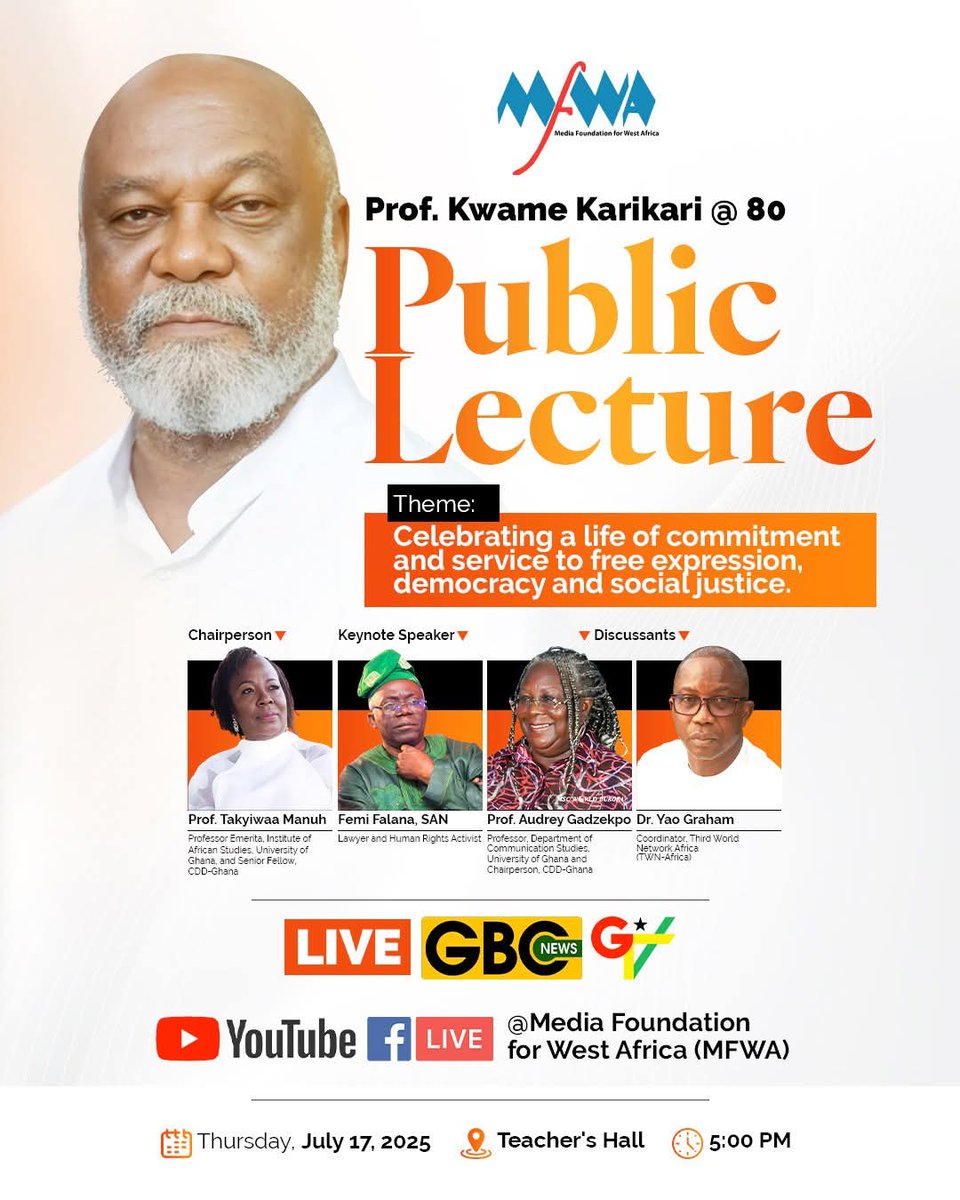 CDDGha's tweet image. 🔴 Live Now!
Join the live stream of the Public Lecture in honor of Prof. Kwame Karikari at 80, reflecting on his legacy of commitment to media freedom, democracy, and social justice.
The event features the Center's Board Chair, Prof. Audrey Gadzekpo, and Senior Fellow, Prof.…