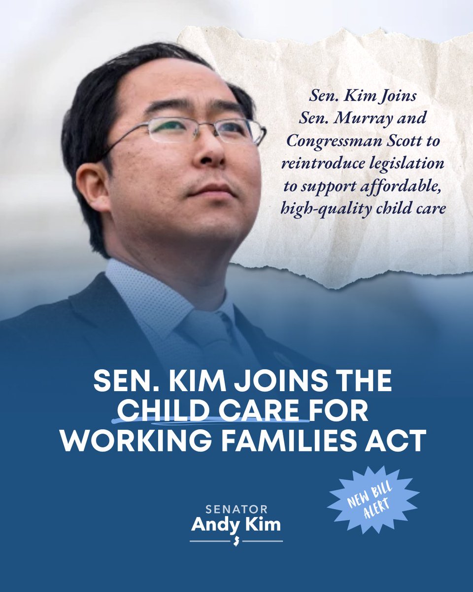 SenatorAndyKim's tweet image. Parents and working families are struggling under an affordability crisis being made worse by the Trump administration — many without any childcare options they can afford or reasonably get their kids to every day.
That's why I'm proud to join the effort to tackle the childcare…