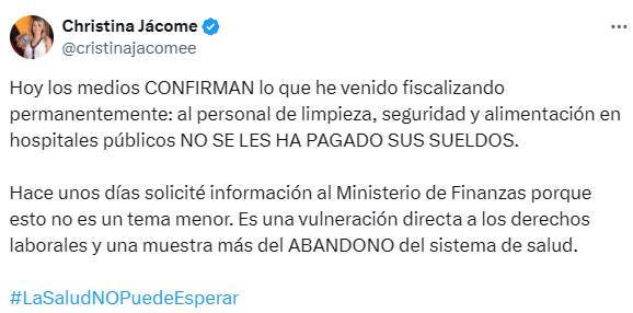 EcEnDirecto's tweet image. #ATENCIÓN 
La asambleísta @cristinajacomee, reitera su preocupación por la situación del personal subcontratado en #hospitales públicos, señalando que no han recibido sus #sueldos. La legisladora ya había solicitado explicaciones al Ministerio de #Finanzas y considera que esto…