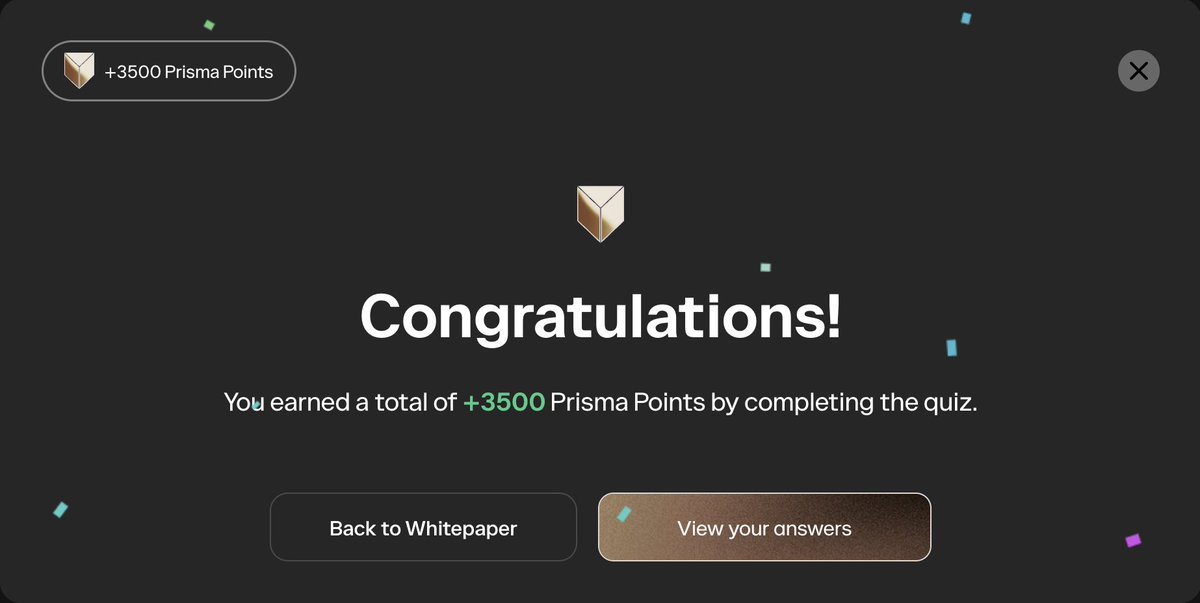 PrismaXai's tweet image. Did you read the ✨ PrismaX whitepaper ✨ yet?
If so, you must have seen the "𝐏𝐫𝐨𝐨𝐟-𝐨𝐟-𝐐𝐮𝐢𝐳"
We've created a special experience for you to read and participate in a challenge to win PrismaX points right from the start.
QRT and show us your score.