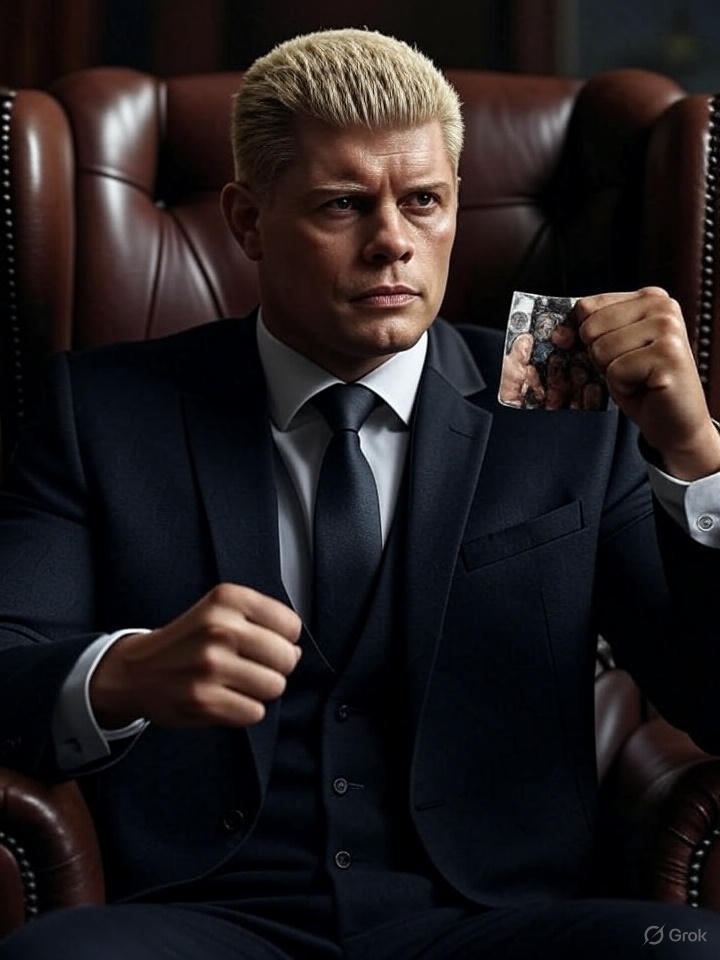 Devitt_Rimmer's tweet photo. Royal Clash—line the walls, their edges worn, a testament to battles fought. 

#DevittRimmer, the EVP of WSW, sits in a high-backed leather chair, wearing a tailoured suit and tie, one hand gripping a crumpled photo of him with the old WSW Championship, the other clenched into https://t.co/ar59ijdSJW
