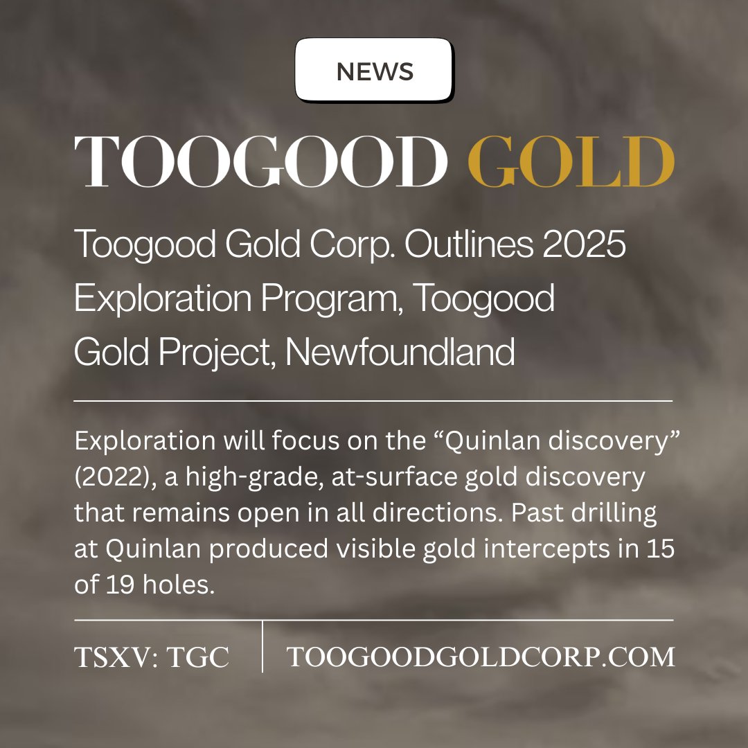 📣 2,000m #drilling to focus on the high-grade Quinlan #Gold Discovery:
🔹 Past drilling (2022) hit visible gold at 15 of 19 holes, incl.
🔹 23.9 g/t #Au over 3.65m (from 4.75m)
🔹 43.22 g/t Au over 1.95 m
🔹 70.31 g/t Au over 1.05 m 
👉 🔗 tinyurl.com/372edynj
 $TGC