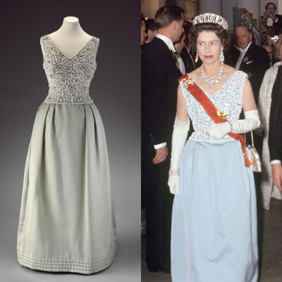 vickyhaddock's tweet image. English fashion designer Sir Hardy Amies was born #OnThisDay in 1909. He designed this evening dress of turquoise double faced silk satin, with an embroidered bodice, for Queen Elizabeth II to wear on a state visit to West Germany in May 1965. @V_and_A collection. #fashionhistory