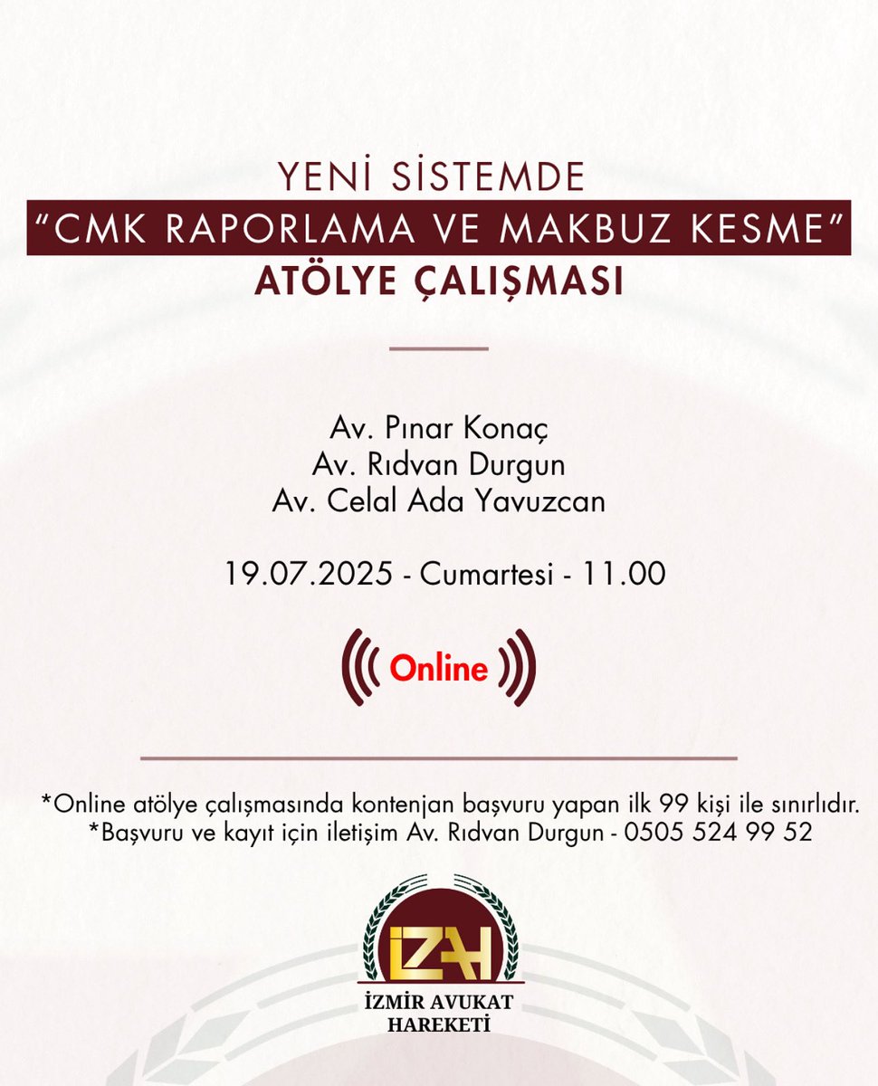 Meslektaşlarımız İçin Erişilebilir Eğitim!
İzmir Avukat Hareketi olarak mesleki dayanışmayı güçlendirmeye devam ediyoruz. Bu kez, bir günde tüm ilçelerde olmayı başardık – çünkü eğitimimiz online!

📌 Atölye Başlığı:
Yeni Sistemde CMK Raporlama ve Makbuz Kesme

📅 Tarih: 19