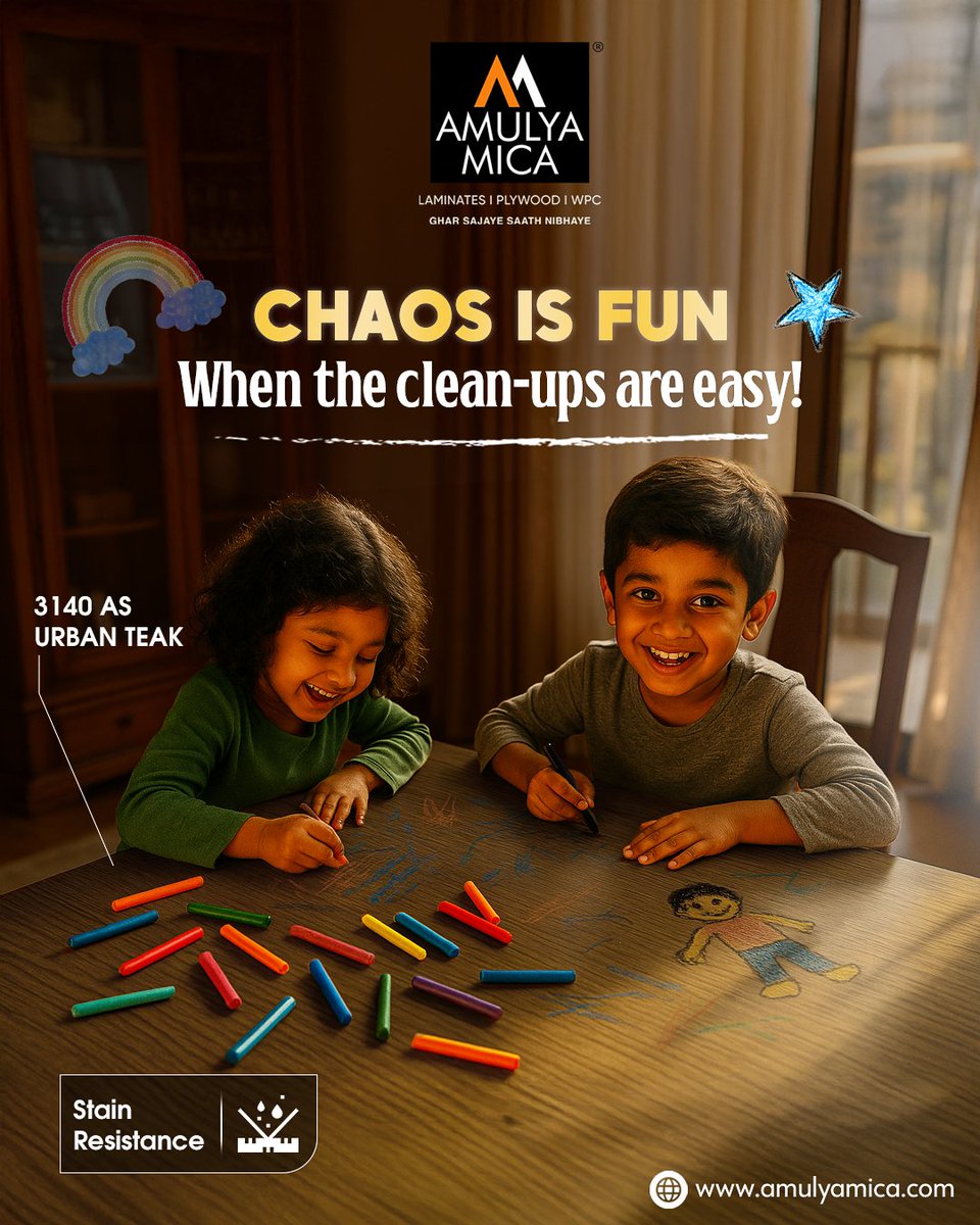 Amulya_Mica's tweet image. Little messes are no big deal with Amulya Mica’s stain-resistant Urban Teak laminate. Let kids draw, play and smile freely while your surfaces stay clean and beautiful always.
- - - - -
🌐: amulyamica.com
- - - - -
#AmulyaMica #UrbanTeak #StainResistant #KidsFriendly
