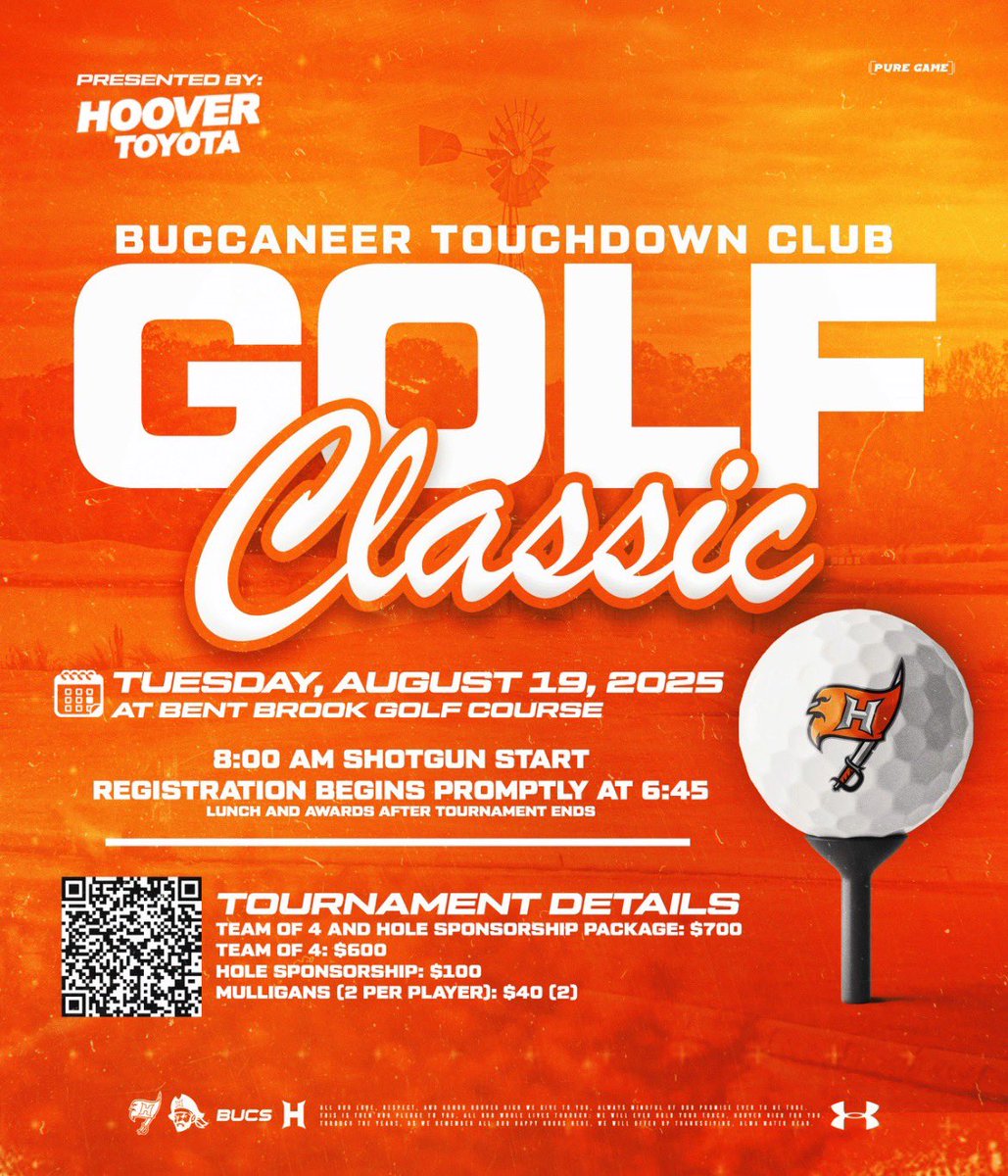 BucsFootball's tweet image. Sign up for the Hoover Football Golf Tournament using the QR code below! Spots fill up fast so get your team signed up TODAY! Go Bucs!