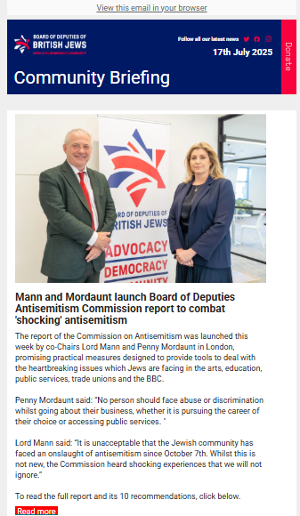BoardofDeputies's tweet image. In this week's Community Briefing: Mann and Mordaunt launch Board of Deputies Antisemitism Commission report to combat 'shocking' antisemitism mailchi.mp/boardofdeputie…