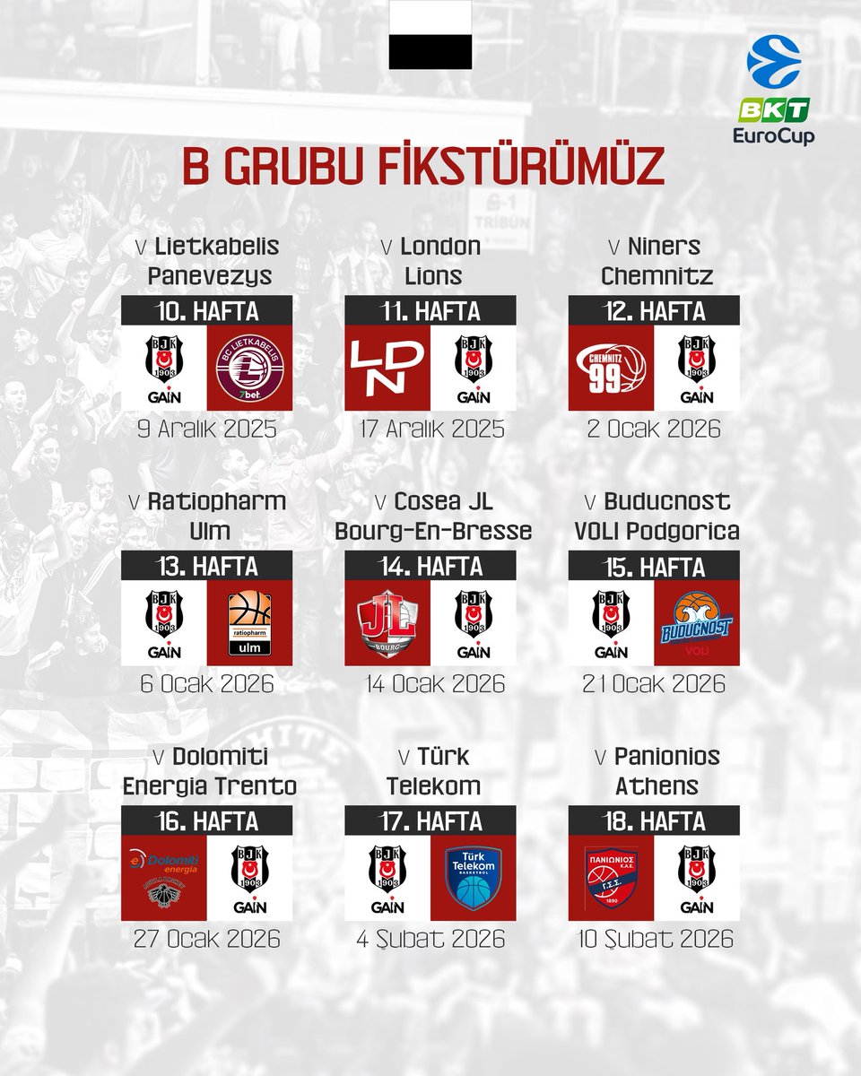 BJK_Basketbol's tweet photo. Beşiktaş GAİN Takımımızın 2025/26 BKT EuroCup B Grubu Fikstürü Belli Oldu

🔗 https://t.co/hsH64Q07kK https://t.co/NYAogrTwhx