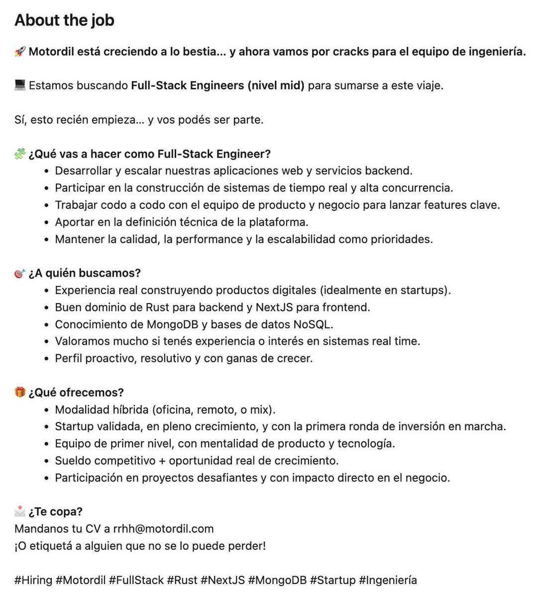 🚀 Motordil sigue creciendo y ahora es el turno de sumar cracks al equipo de ingeniería. 

¿Tenés experiencia desarrollando aplicaciones web y servicios backend, construcción de sistemas con alta concurrencia, con foco en la calidad, performance y escalabilidad? 

Estamos