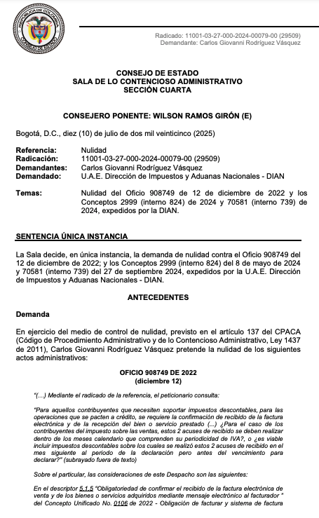 #Noticia | 🔴 Con la Sentencia 29508 de 2025, <a href="/consejodeestado/">Consejo de Estado</a> declaró la nulidad de varios conceptos emitidos por la <a href="/DIANColombia/">DIANColombia</a> donde había establecido un requisito no previsto en la ley para conceder impuestos descontables en operaciones a crédito 👉 actualicese.com/consejo-de-est…