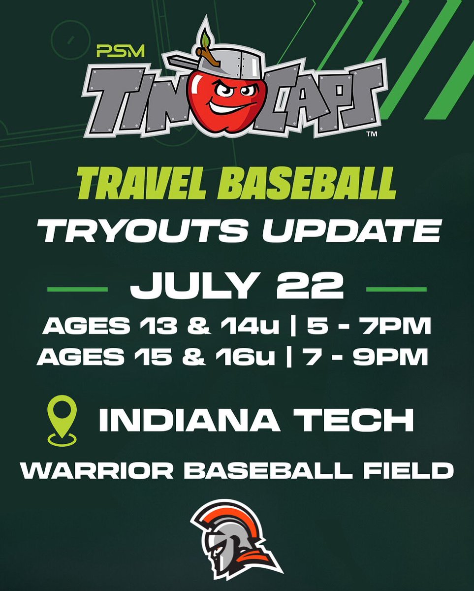 🚨IMPORTANT TRYOUT INFORMATION - New Time &amp; Location for 13-16u

Due to the significant interest in this year’s inaugural PSM TinCaps Travel Baseball tryouts, we’ve made a few updates to help us better evaluate all athletes. Please note the revised time and location for tryouts