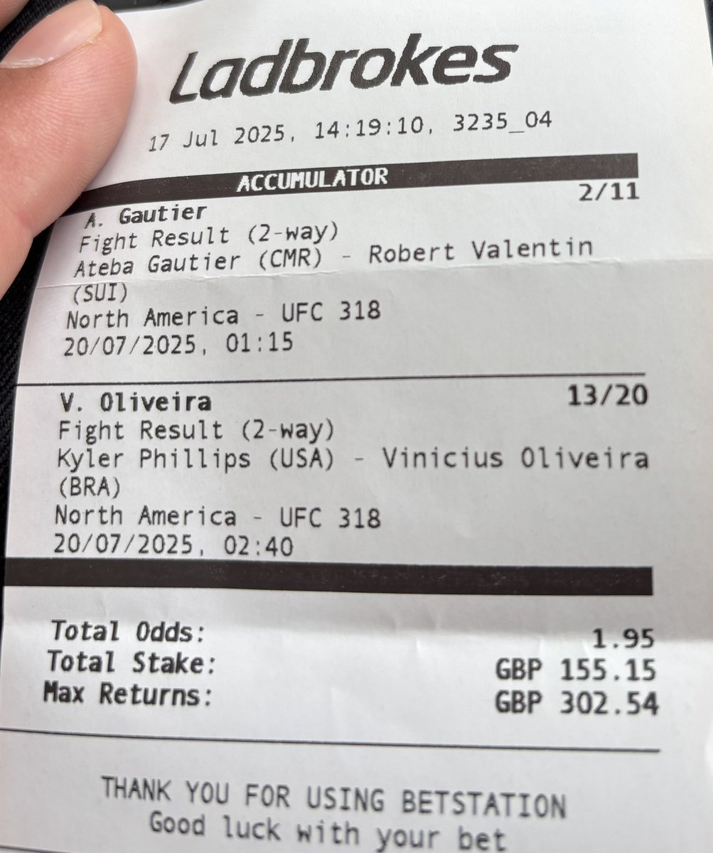 #UFC318 
Ateba Gautier ML + Vinicius Oliveira ML 
£155.15 Returns £302.54