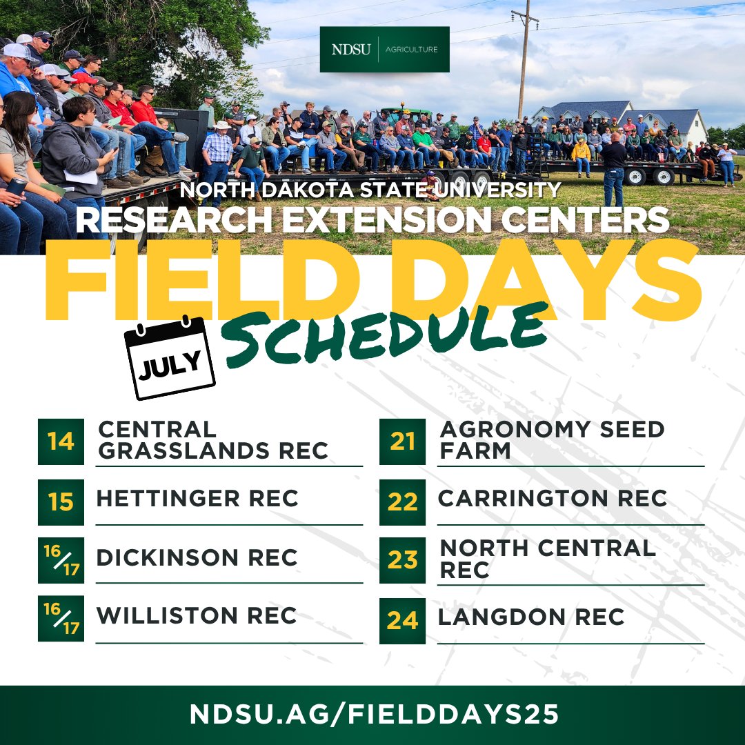NDAgExpStation's tweet image. This week's #NDSUFieldDay schedule concludes with👉
8:30 a.m. CT Williston REC Irrigated Crops Tour (Nesson Valley) ndsu.edu/agriculture/ag…
4:30 p.m. MT Dickinson REC Agronomy Tour ndsu.edu/agriculture/ag…