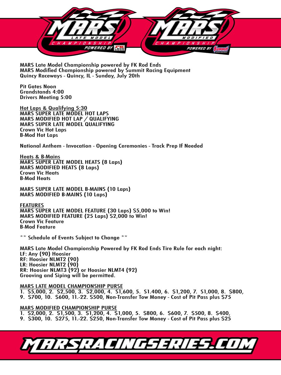 MARS Championship Series (@marsdirtracing) on Twitter photo Order of events for all 3 nights of the MARS triple-header weekend 👇🏻
Friday, July 18 - <a href="/FarmerCityRacin/">Farmer City Raceway</a>
Saturday, July 19 - <a href="/I55Raceway/">I-55 Raceway</a>
Sunday, July 20 - <a href="/QuincyRaceways/">Quincy Raceways</a>
For more information visit marsracingseries.com. Order of events for all 3 nights of the MARS triple-header weekend 👇🏻
Friday, July 18 - <a href="/FarmerCityRacin/">Farmer City Raceway</a>
Saturday, July 19 - <a href="/I55Raceway/">I-55 Raceway</a>
Sunday, July 20 - <a href="/QuincyRaceways/">Quincy Raceways</a>
For more information visit marsracingseries.com.