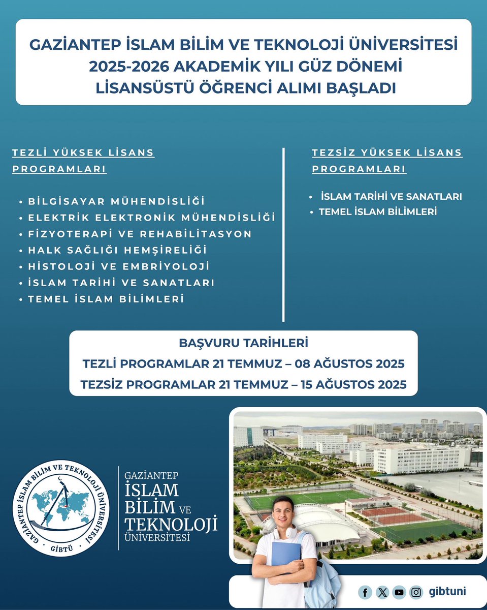 🎓 Gaziantep İslam Bilim ve Teknoloji Üniversitesi’nde Lisansüstü Eğitim Fırsatı!

2025-2026 Güz Dönemi için yüksek lisans başvuruları başlıyor! 

Detaylı bilgi ve başvuru için 👉 gibtu.edu.tr

#GİBTÜ #GISTU #YüksekLisans #LisansüstüEğitim