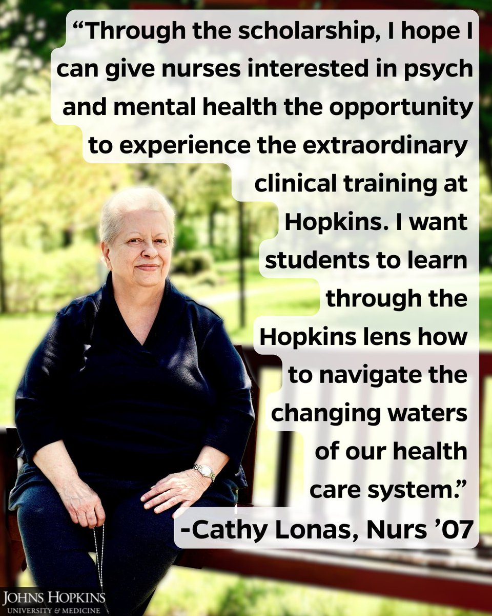 HopkinsGiving's tweet image. Cathy Lonas, a lifelong learner, shares her extraordinary path to Hopkins and the inspiration behind her legacy commitment to @JHUNursing. “The hallmark of my Hopkins experience is attending the School of Nursing at a late age,” says Lonas.
Learn more: giving.jhu.edu/school-of-nurs…